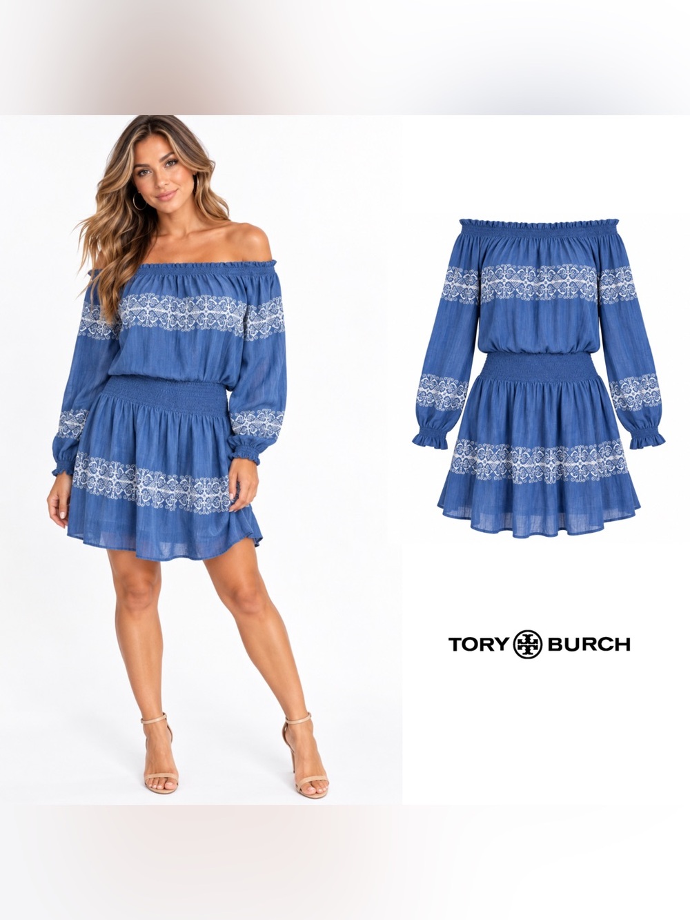 NEW Tory Burch Loretta Tunic Dress Blue Off-Shoulder Dress